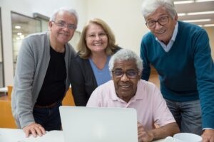 group of elderly people standing behind a laptop and smiling