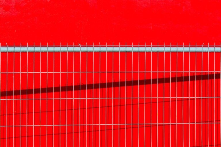 close up of a metal fence on the background of a bright red wall